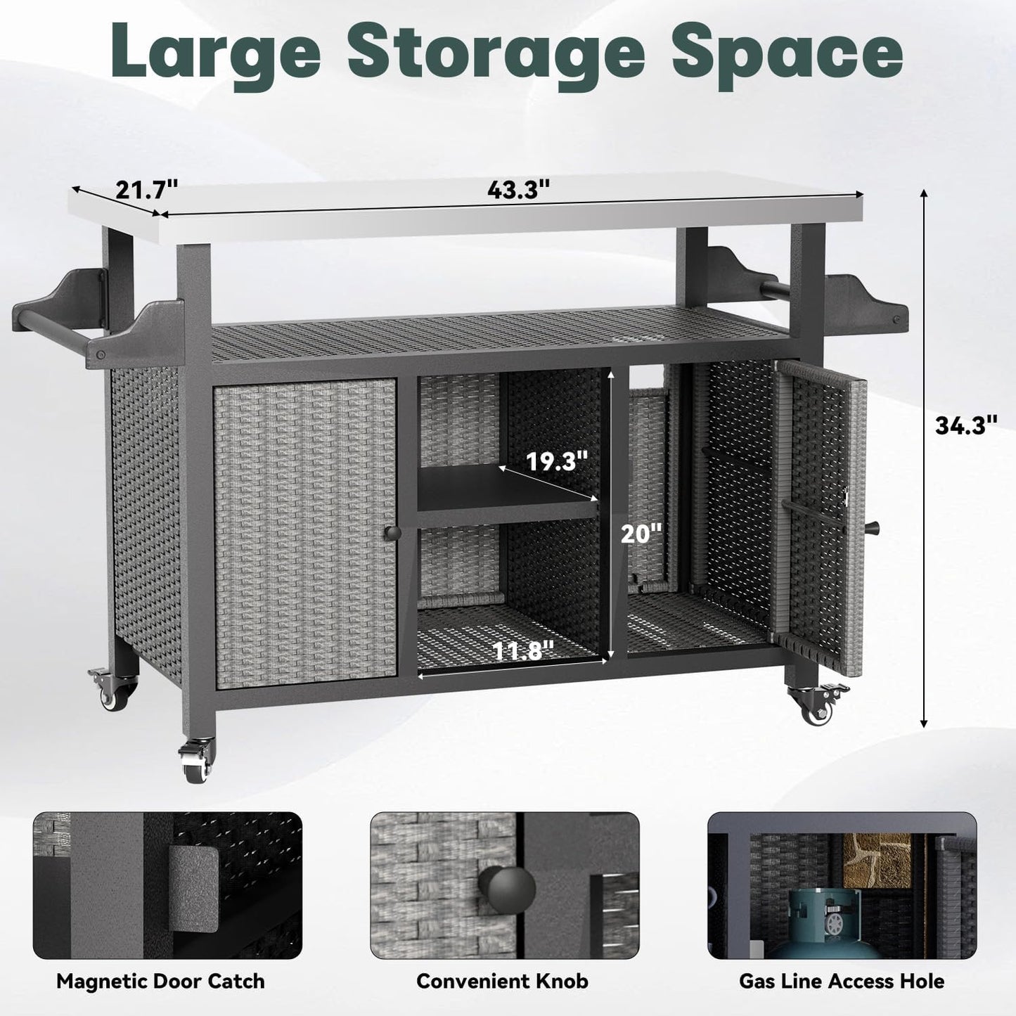 YODOLLA Rattan Outdoor Bar Cart with Wheels and Storage, Gray