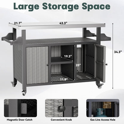 YODOLLA Rattan Outdoor Bar Cart with Wheels and Storage, Gray