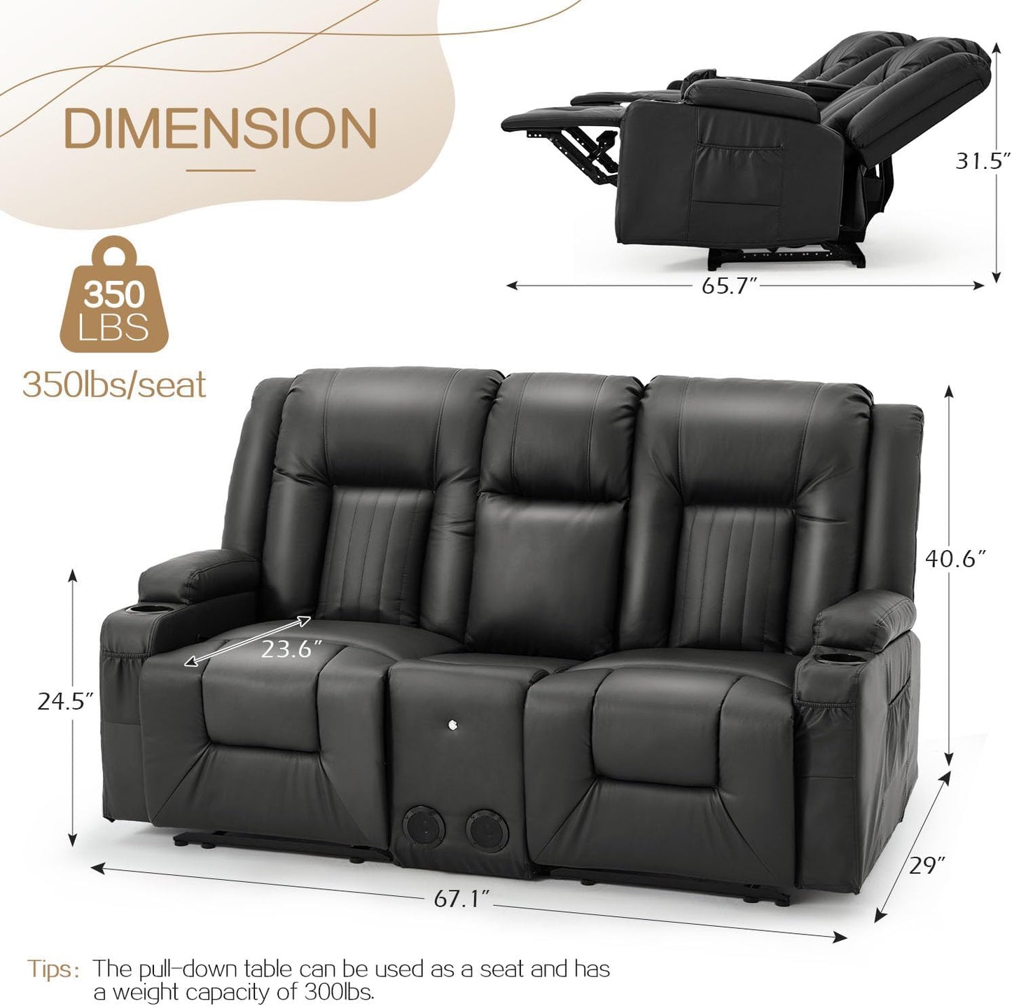 YODOLLA Faux Leather RV Loveseat w/ Console & USB, Black