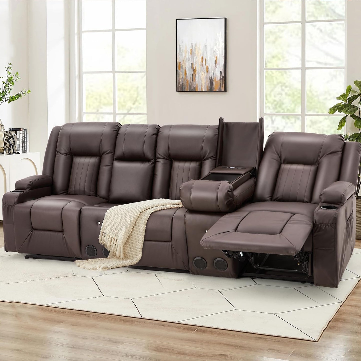 YODOLLA Brown Reclining Sofa w/ 2 Consoles & Speakers