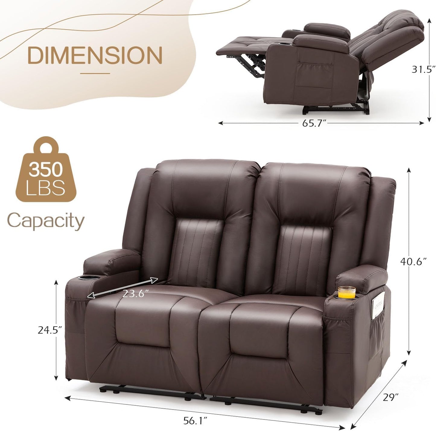 YODOLLA 2-Seat Recliner Sofa, Faux Leather, Cup Holders, Brown