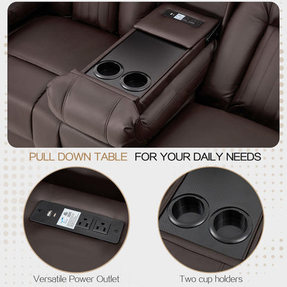 YODOLLA Brown Reclining Sofa w/ 2 Consoles & Speakers