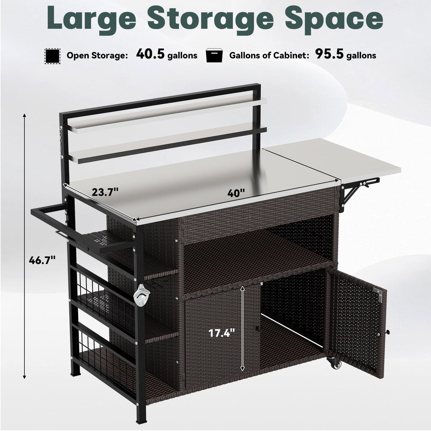 YODOLLA Outdoor Bar Cart with Rattan Storage Cabinet, Brown