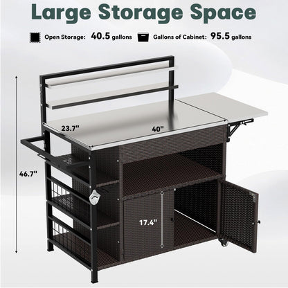 YODOLLA Outdoor Bar Cart with Rattan Storage Cabinet, Brown