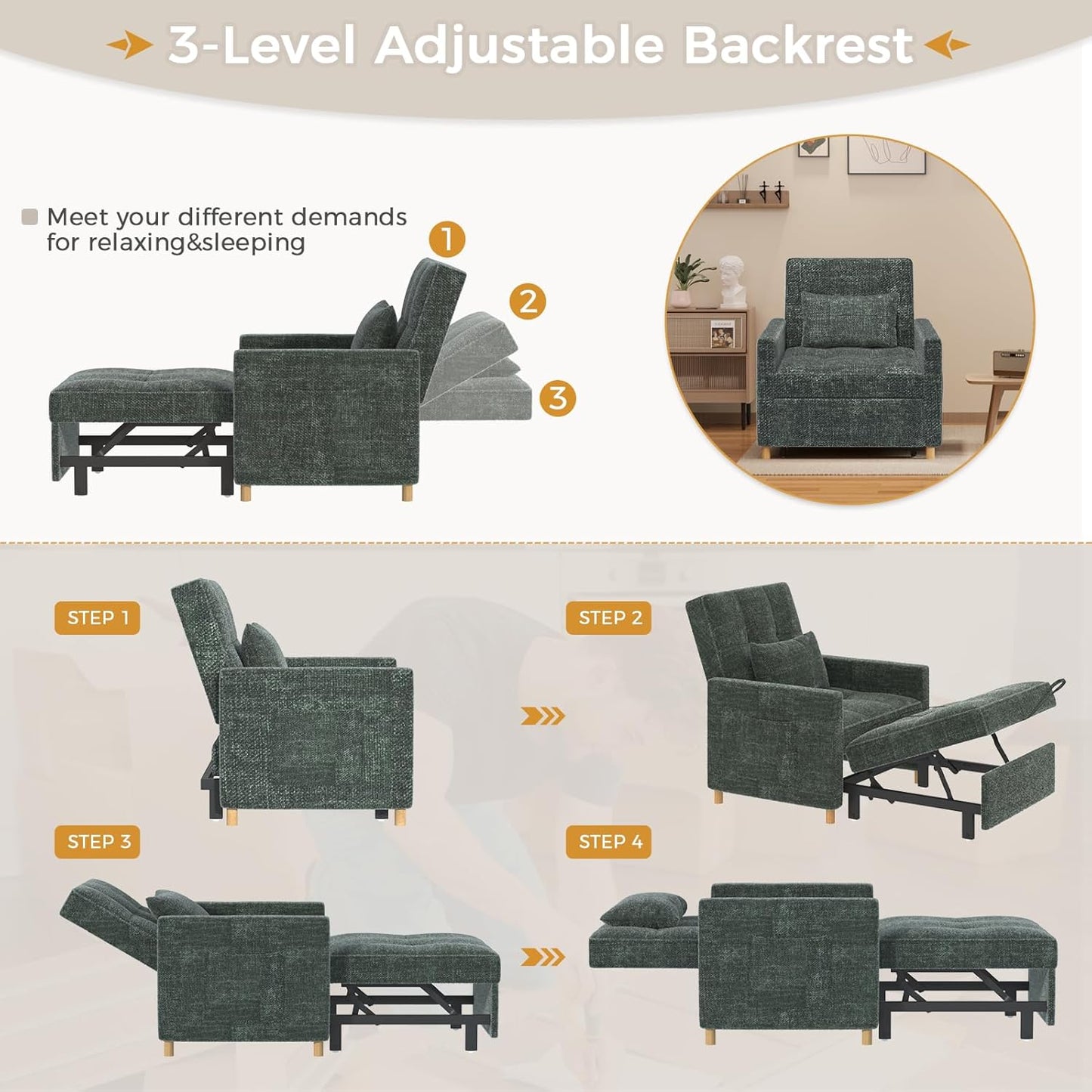 YODOLLA 3 in 1 Chair Bed Sleeper for Adults, Green