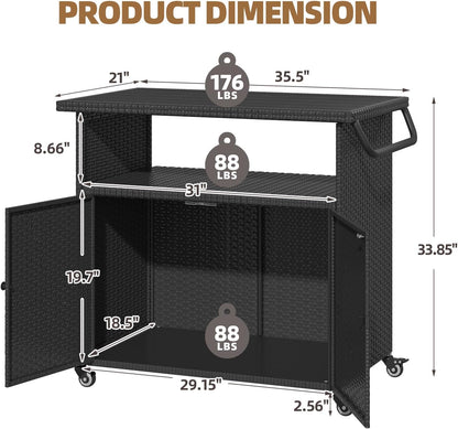 YODOLLA Outdoor Bar Cart, Patio Storage Grill Cart with Handles,Black