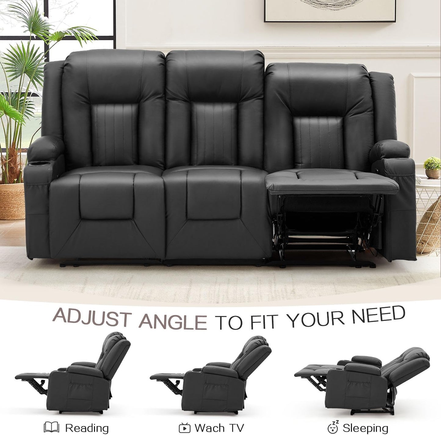 YODOLLA 3-Seat Recliner Sofa, Black Faux Leather