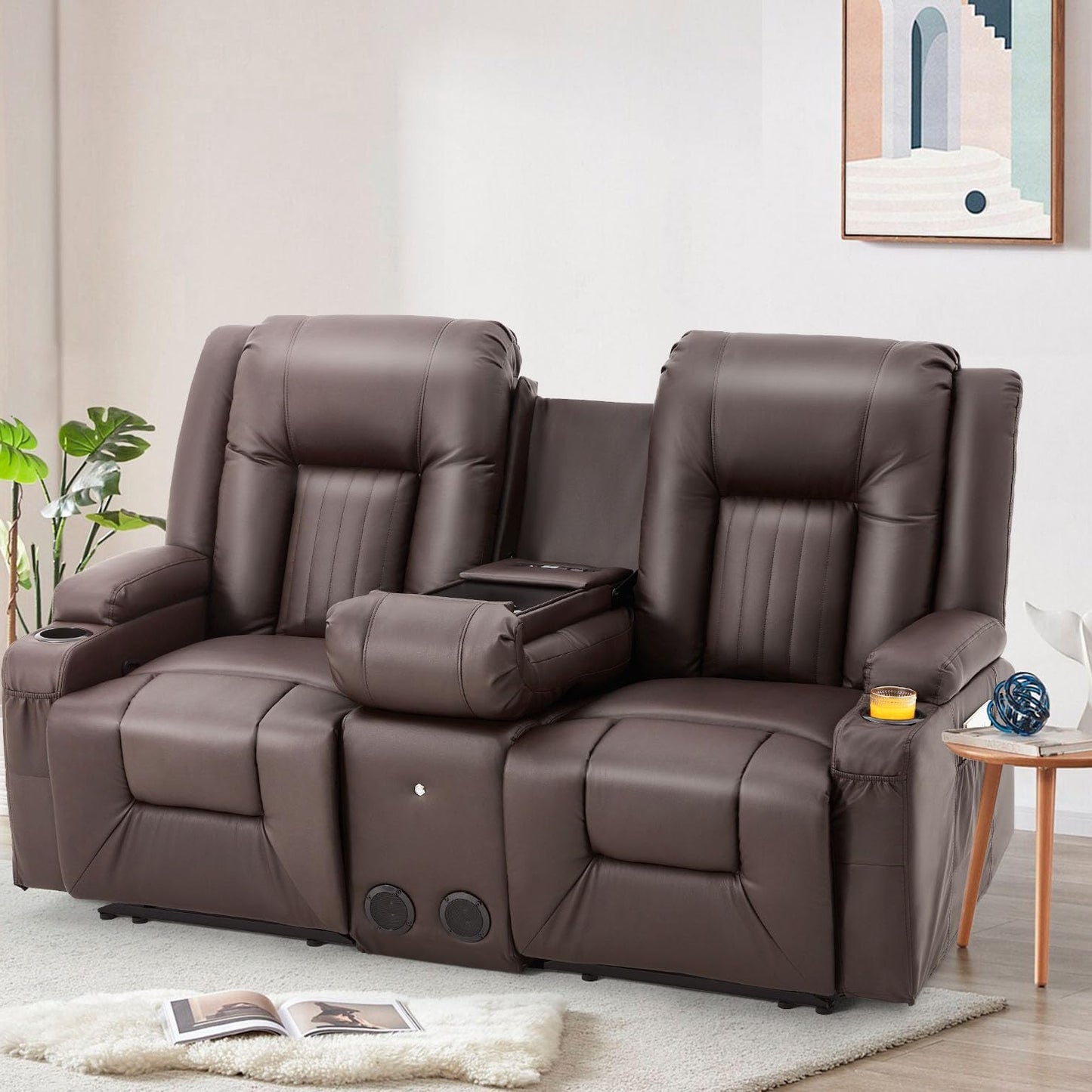 YODOLLA Faux Leather Recliner Sofa w/ Console, Brown