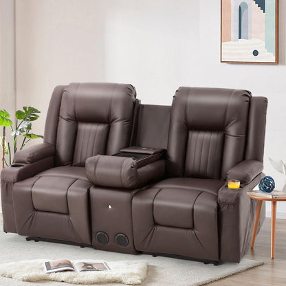 YODOLLA Faux Leather Recliner Sofa w/ Console, Brown