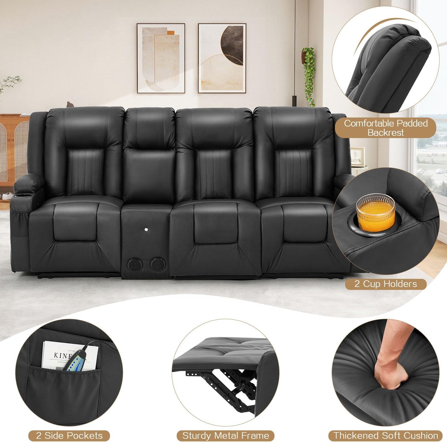 YODOLLA Black Reclining Sofa w/ Bluetooth, Black