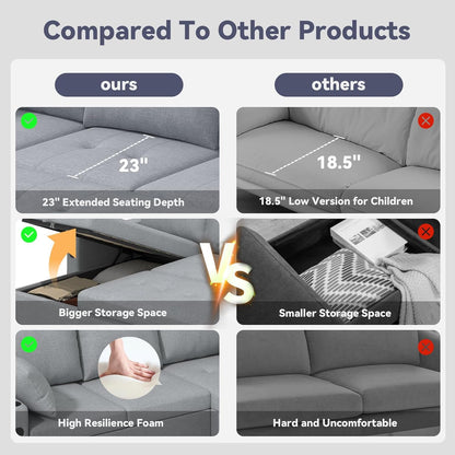 YODOLLA L-Shaped Sleeper Sofa, Pullout Bed, USB & Storage, Grey