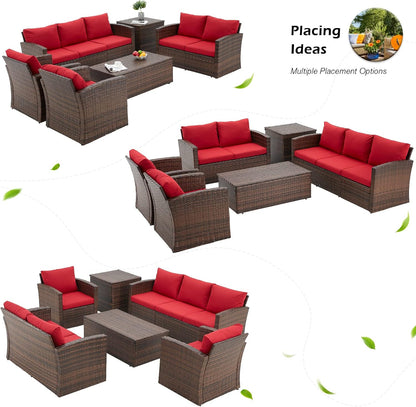 YODOLLA 7 Pieces Patio Furniture with Two Storage Boxes, Brown & Red