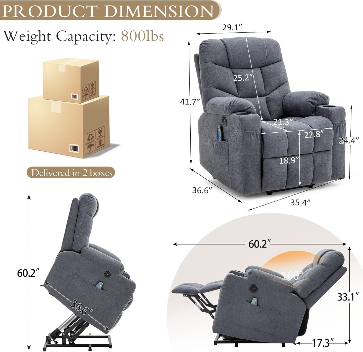 YODOLLA Massage Power Lift Recliner for Elderly, Linen Fabric, Blue Grey