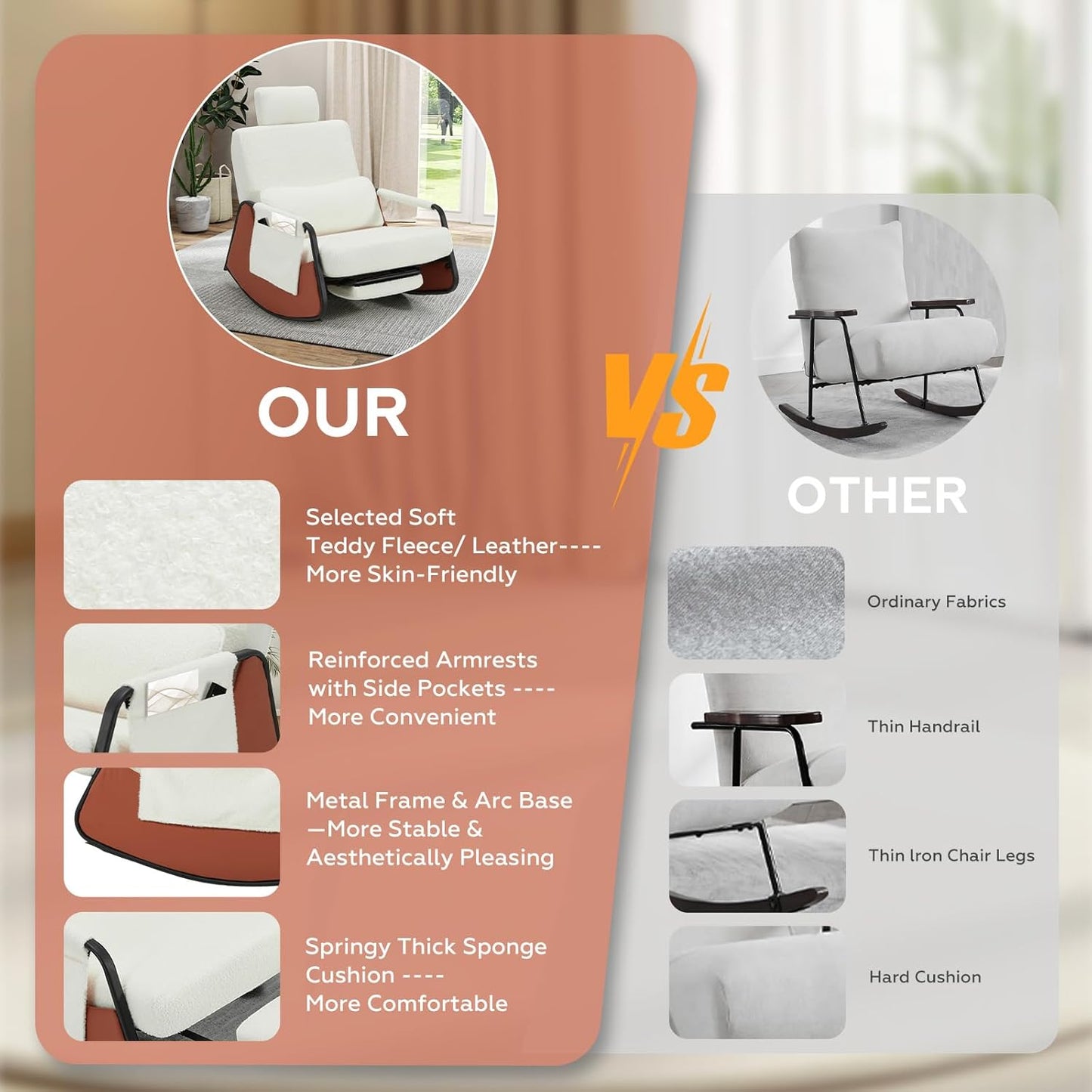 YODOLLA Rocking Chair with Retractable Footrest & Adjustable Backrest