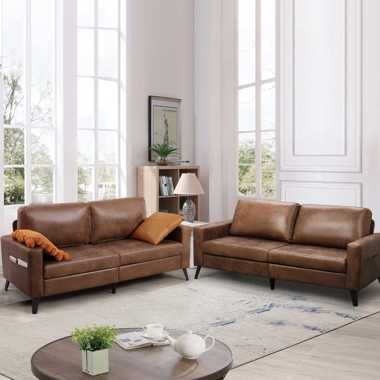 YODOLLA 79 Inch Sofa Couch for Living Room, Faux Leather, Brown