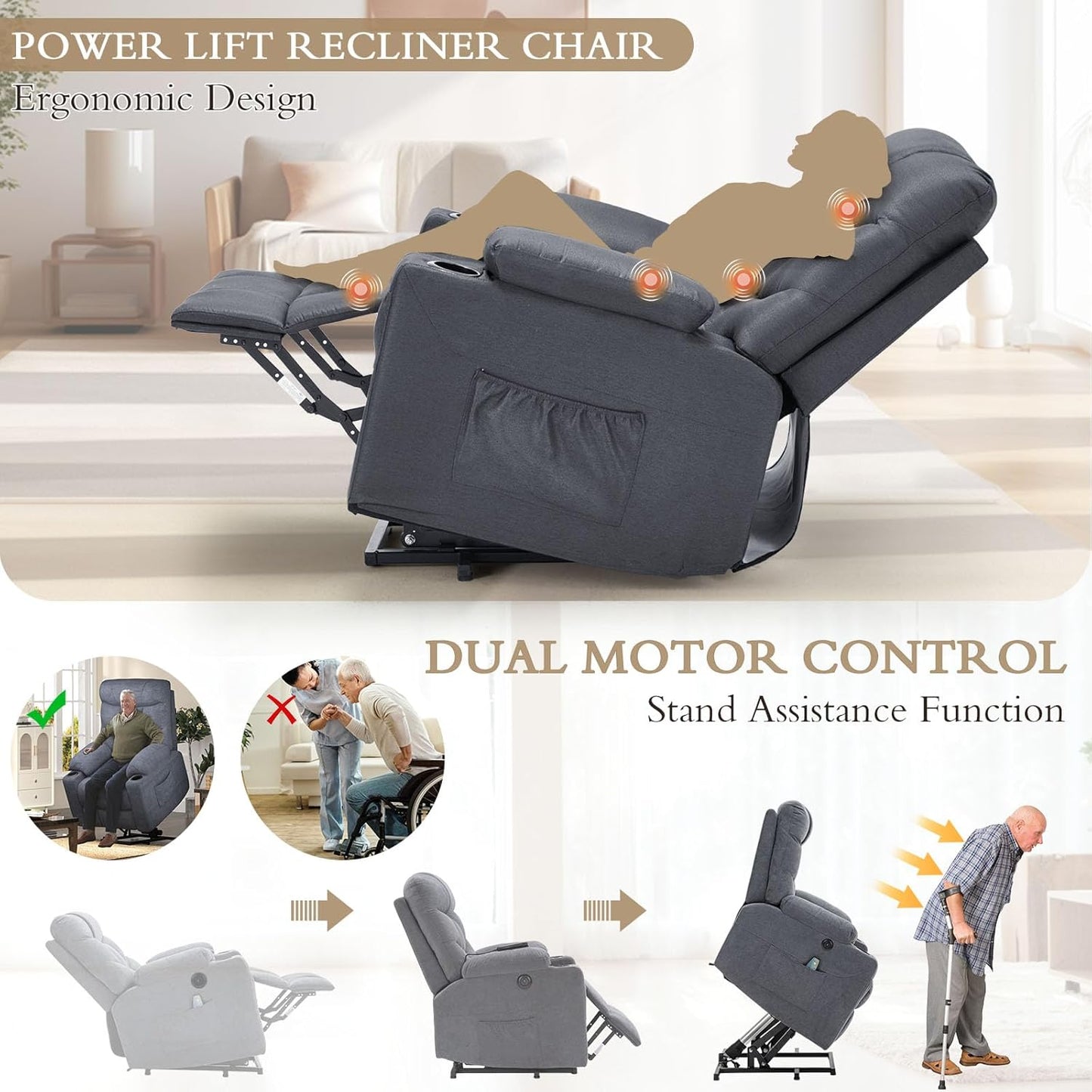 YODOLLA Massage Power Lift Recliner for Elderly, Linen Fabric, Blue Grey
