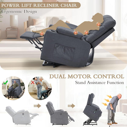 YODOLLA Massage Power Lift Recliner for Elderly, Linen Fabric, Blue Grey