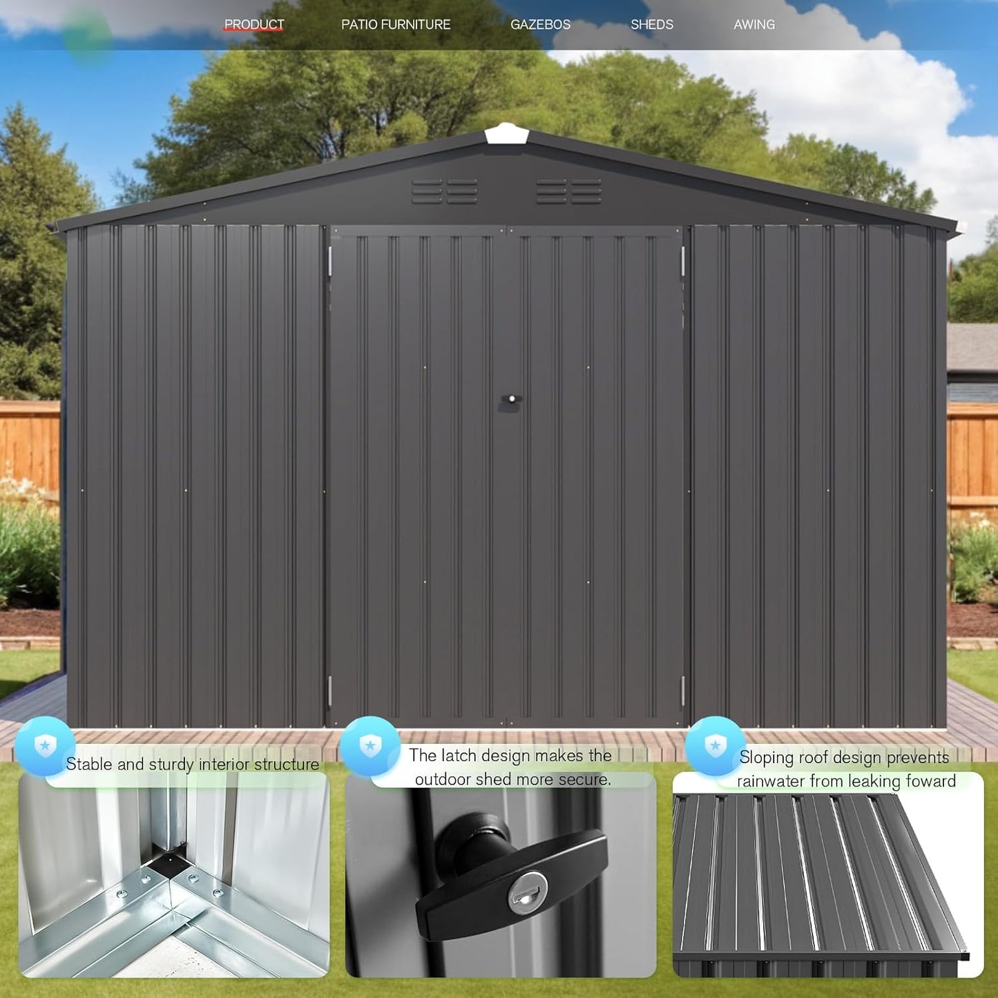 YODOLLA Shed 8' x 10' Outdoor Storage Metal Shed, Dark Grey