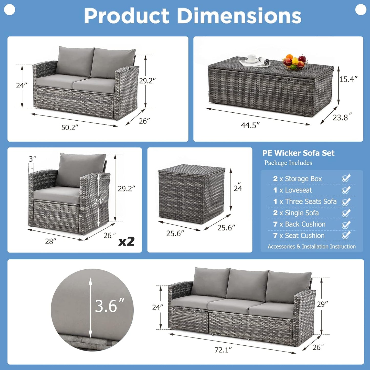 YODOLLA 7 Pieces Patio Furniture with Two Storage Boxes, Grey & Light Grey