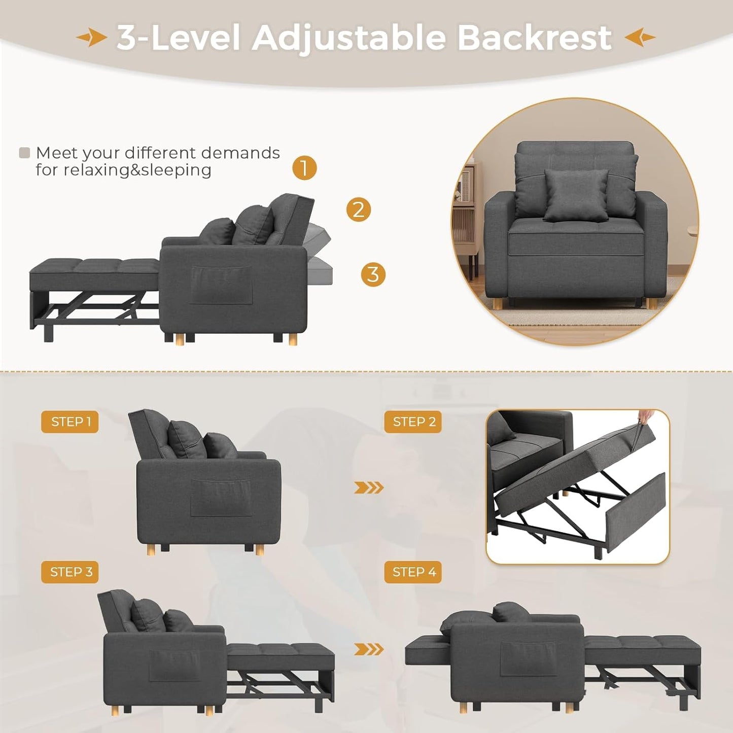 YODOLLA 36" Convertible Chair Bed, Modern Grey