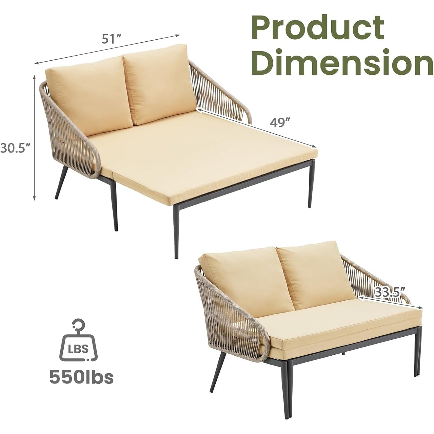 YODOLLA Outdoor Double Chaise Lounge Chair Convertible Patio Loveseat Sofa Couch