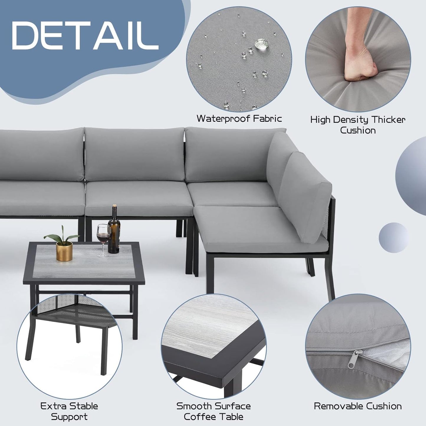 YODOLLA 7 Pieces Patio Furniture Set, Grey