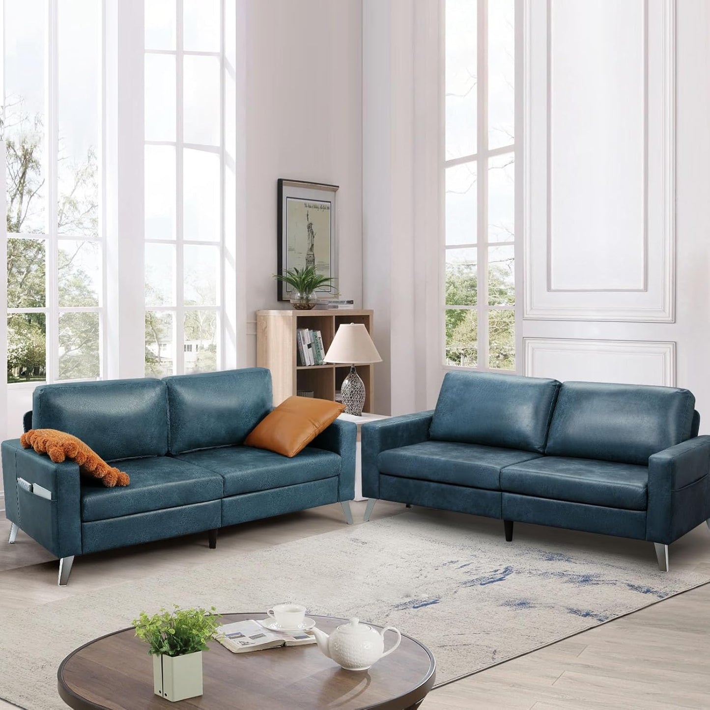 YODOLLA 79 Inch Sofa Couch for Living Room, Faux Leather, Saddle Blue