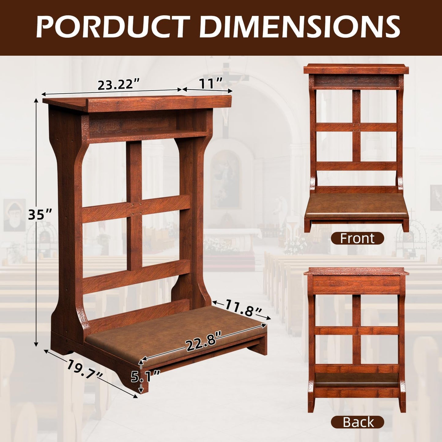 YODOLLA Acacia Wood Prayer Kneeler Bench with Storage Shelf & Soft Cushion