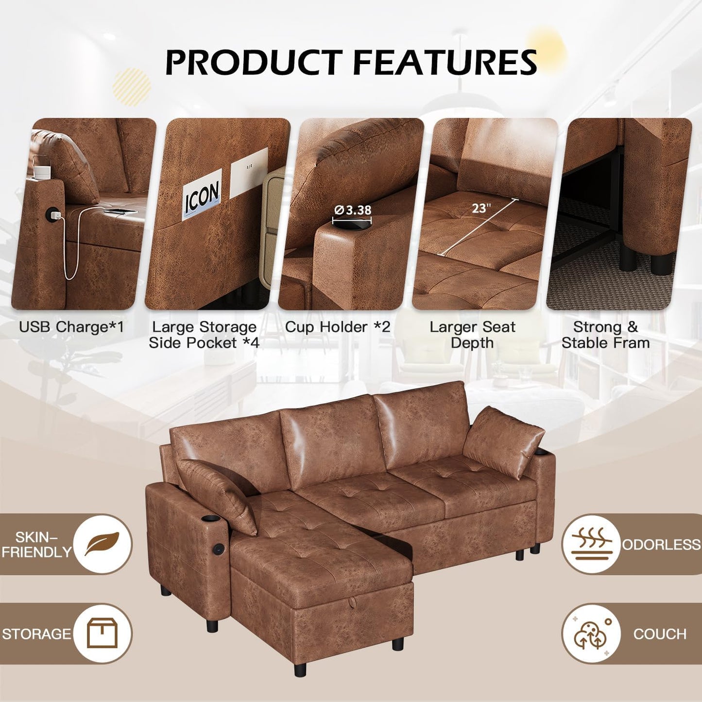 YODOLLA Faux Leather L-Shaped Sleeper Sofa, Pullout Bed, USB & Storage, Brown