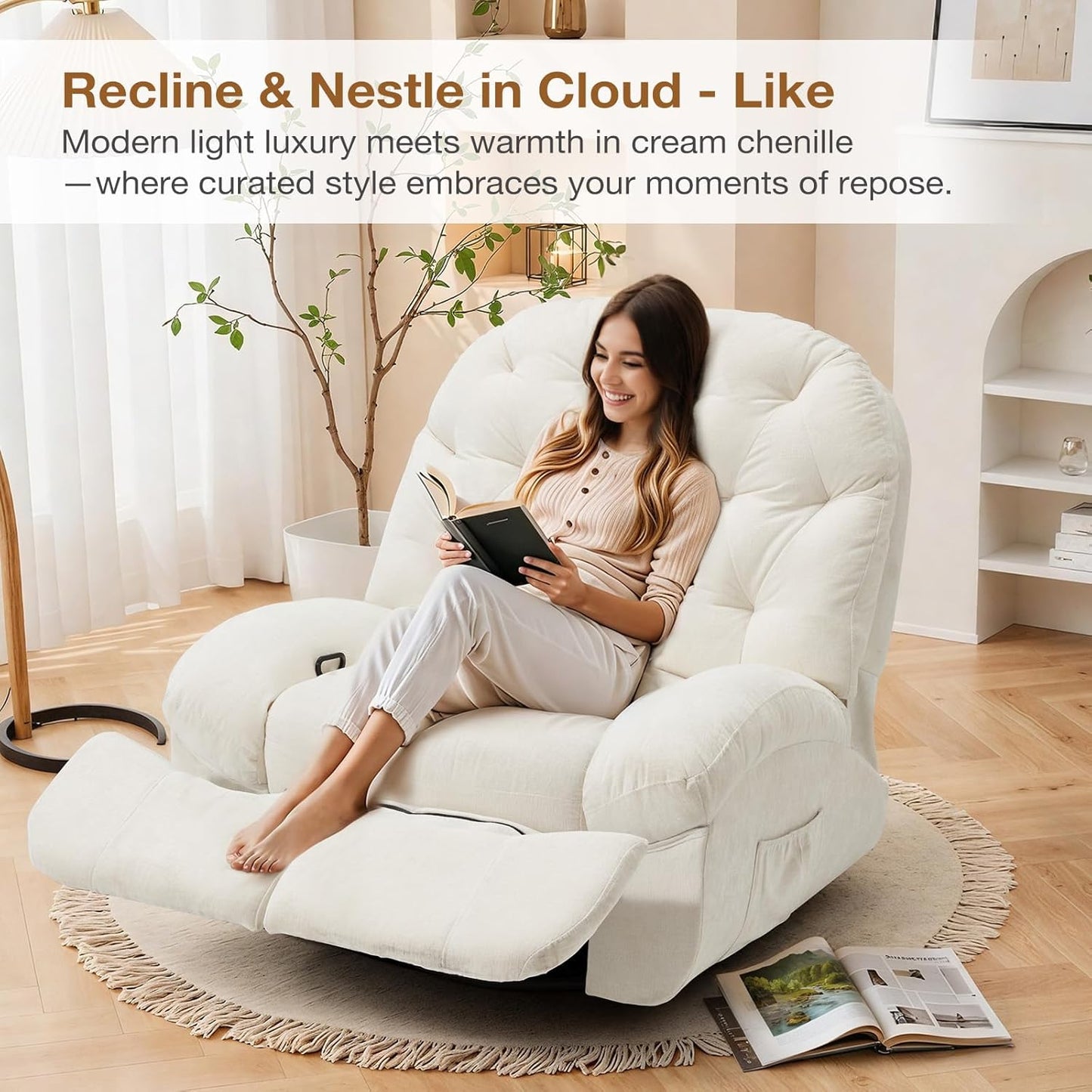 YODOLLA Oversized Recliner Chair, 360° Swivel Rocking Glider, Chenille Rocker, Cream White