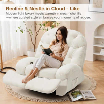 YODOLLA Oversized Recliner Chair, 360° Swivel Rocking Glider, Chenille Rocker, Cream White