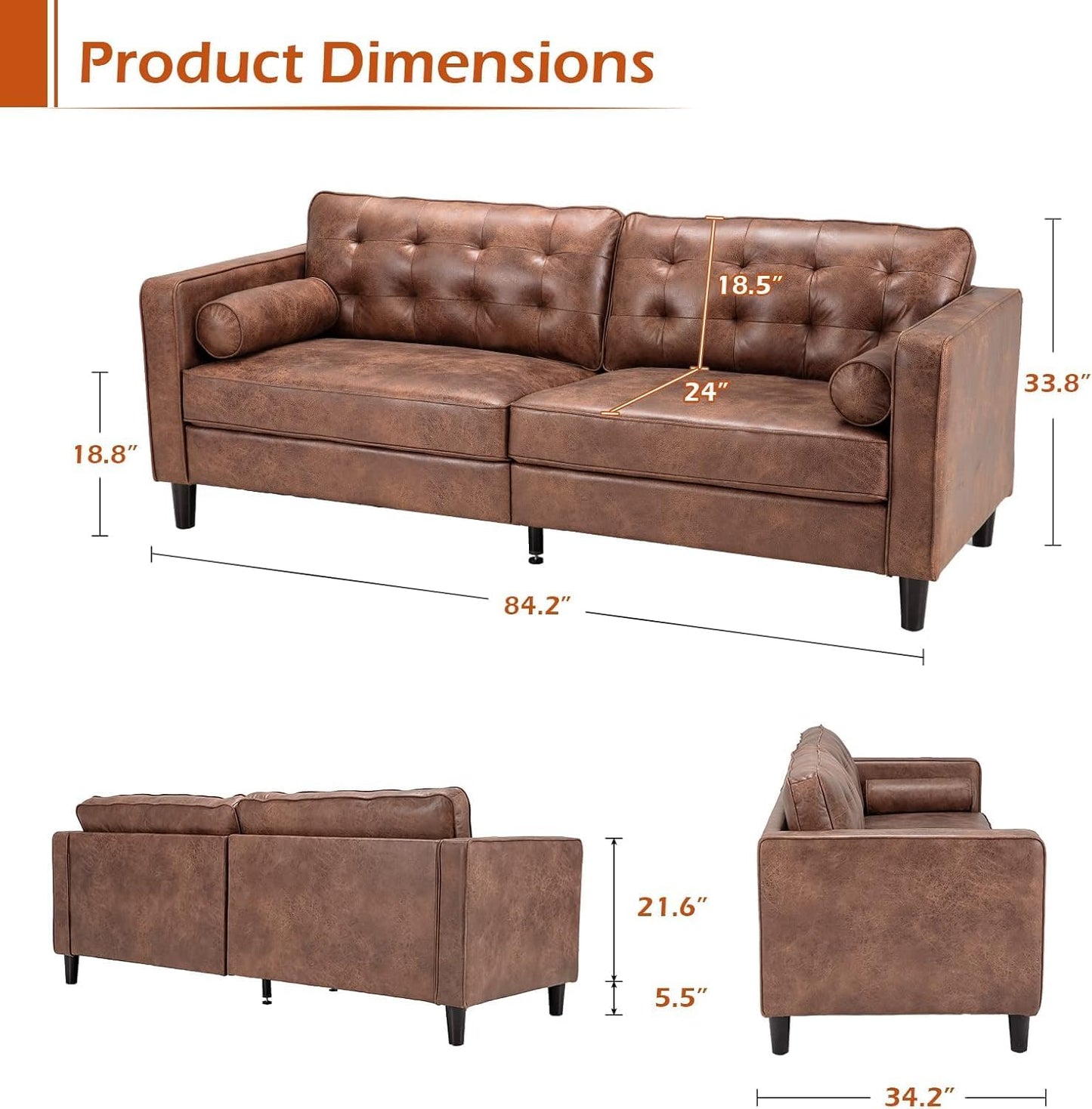 YODOLLA 84.2" 3-Seats Large Sofa Couch Couch, Faux Leather Brown