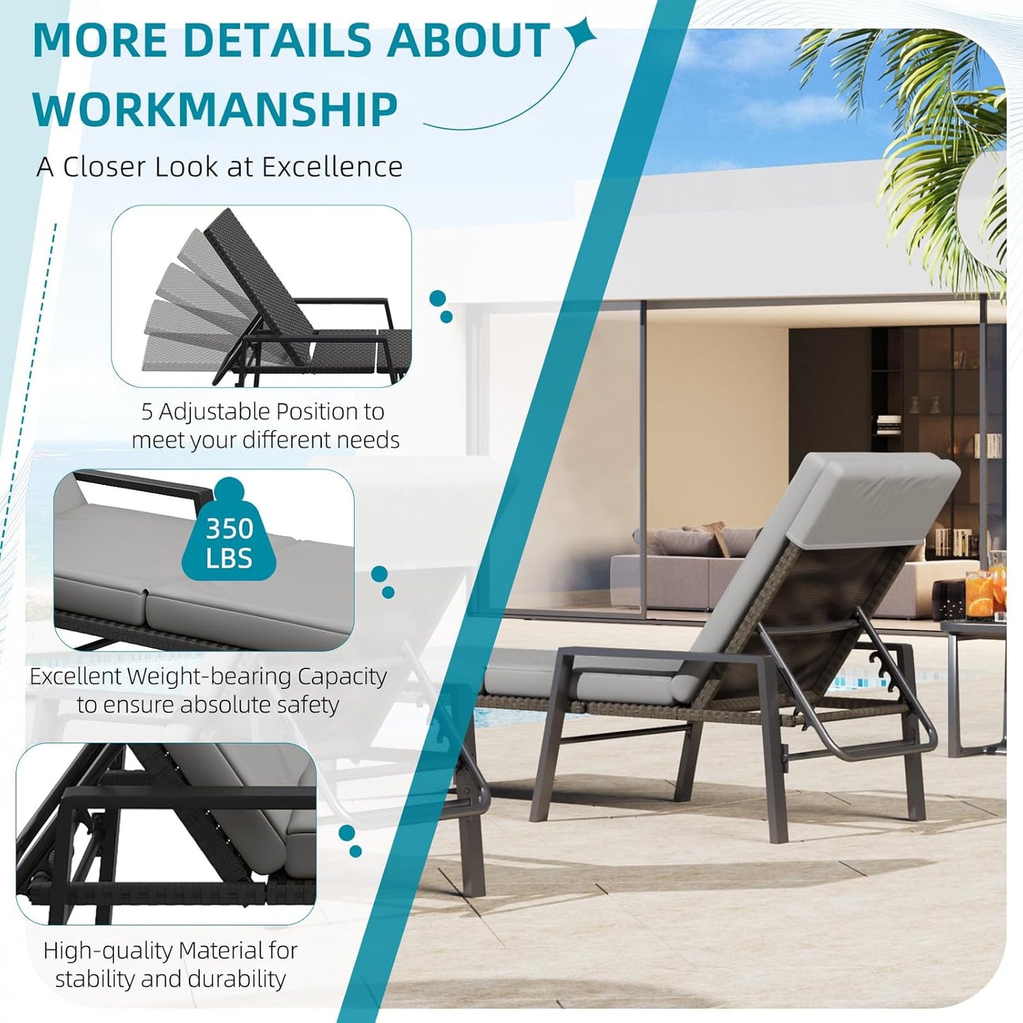 YODOLLA Chaise Lounge Chairs for Outside Set of 2 with Removable Cushion