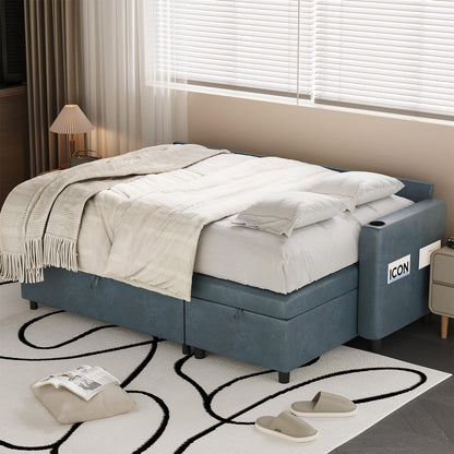 YODOLLA Faux Leather L-Shaped Sleeper Sofa, Pullout Bed, USB & Storage, Blue