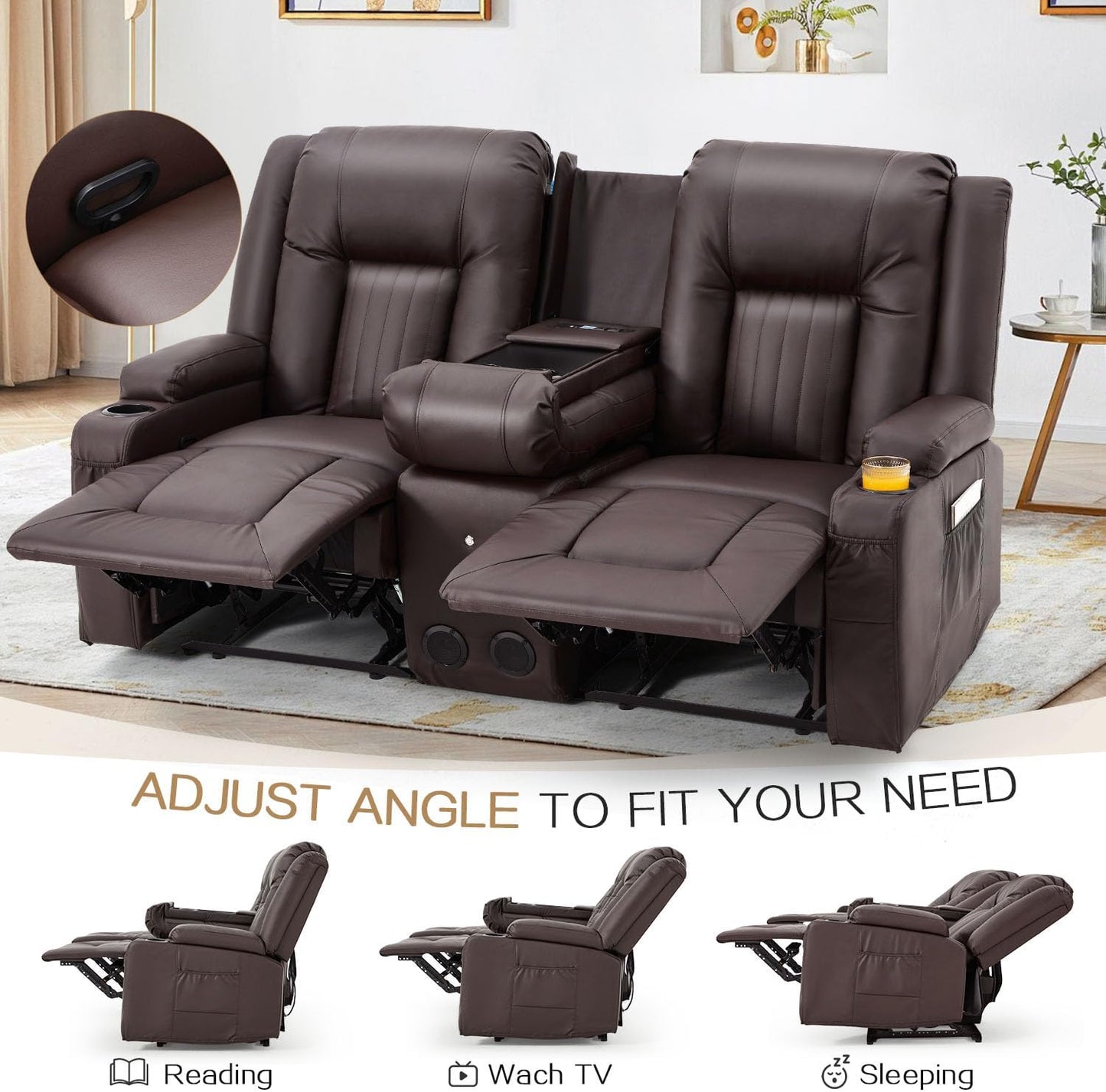 YODOLLA Faux Leather Recliner Sofa w/ Console, Brown