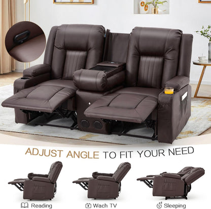 YODOLLA Faux Leather Recliner Sofa w/ Console, Brown