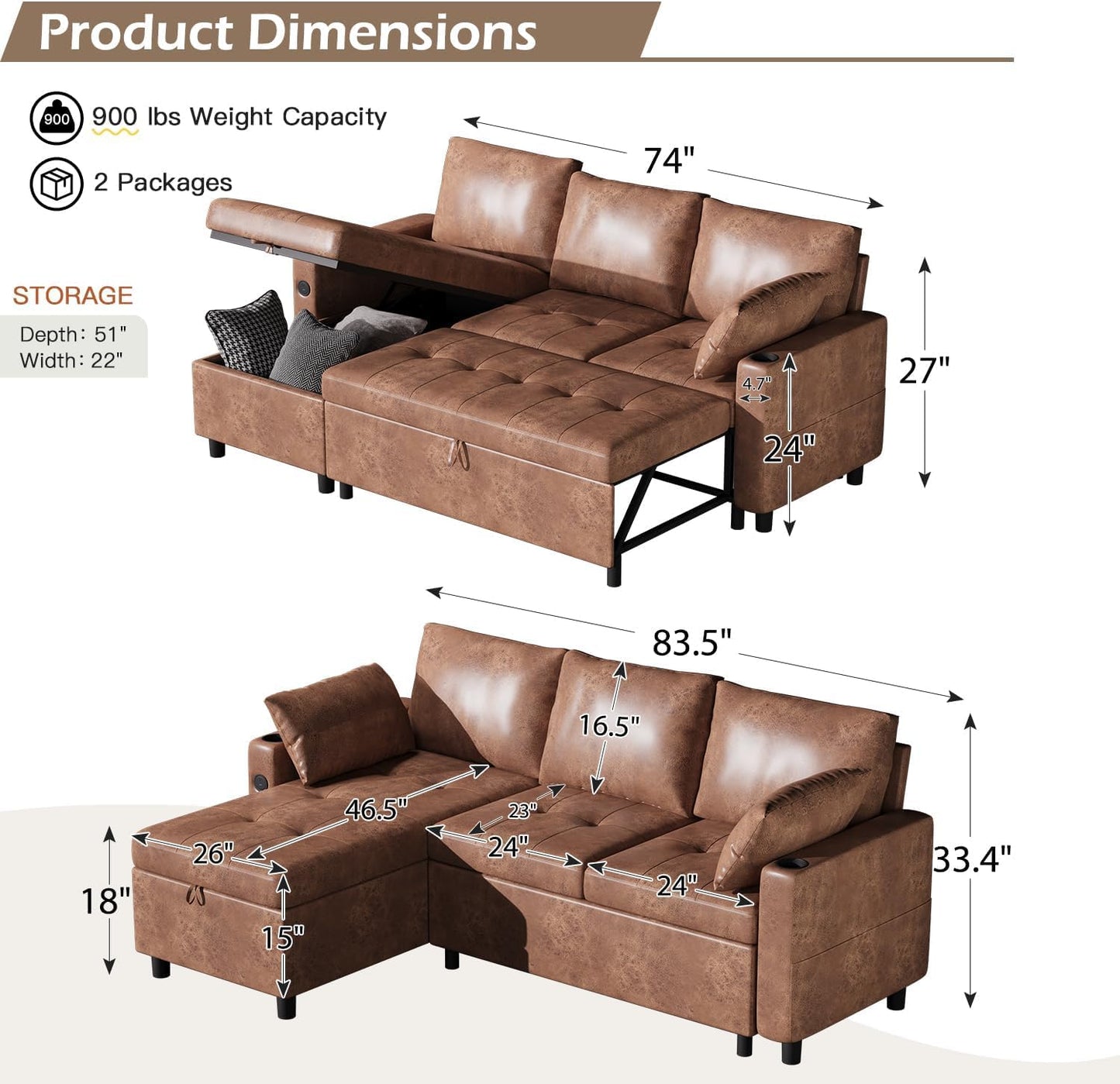 YODOLLA Faux Leather L-Shaped Sleeper Sofa, Pullout Bed, USB & Storage, Brown