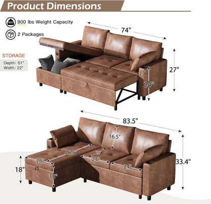 YODOLLA Faux Leather L-Shaped Sleeper Sofa, Pullout Bed, USB & Storage, Brown