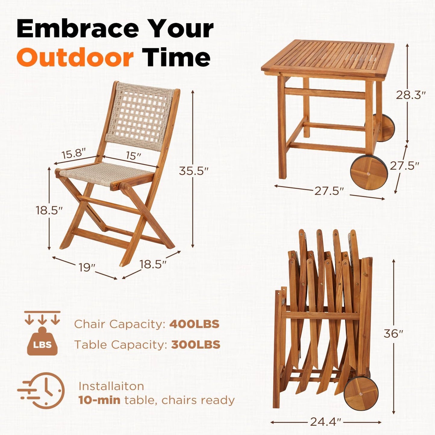 YODOLLA Outdoor Folding Chairs Set, Wooden Patio Dining Set