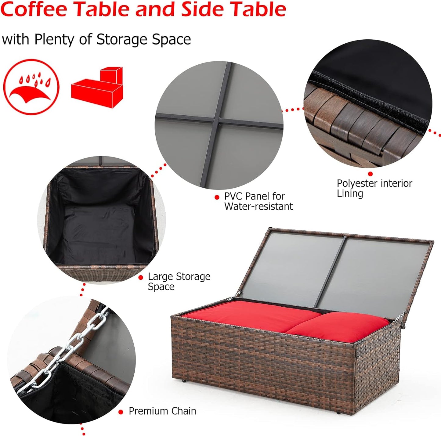 YODOLLA 7 Pieces Patio Furniture with Two Storage Boxes, Brown & Red