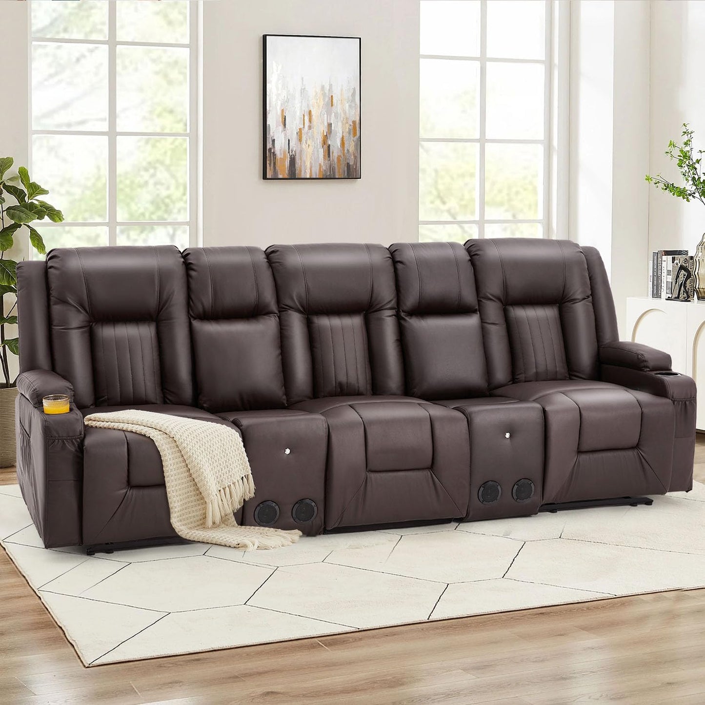 YODOLLA Brown Reclining Sofa w/ 2 Consoles & Speakers