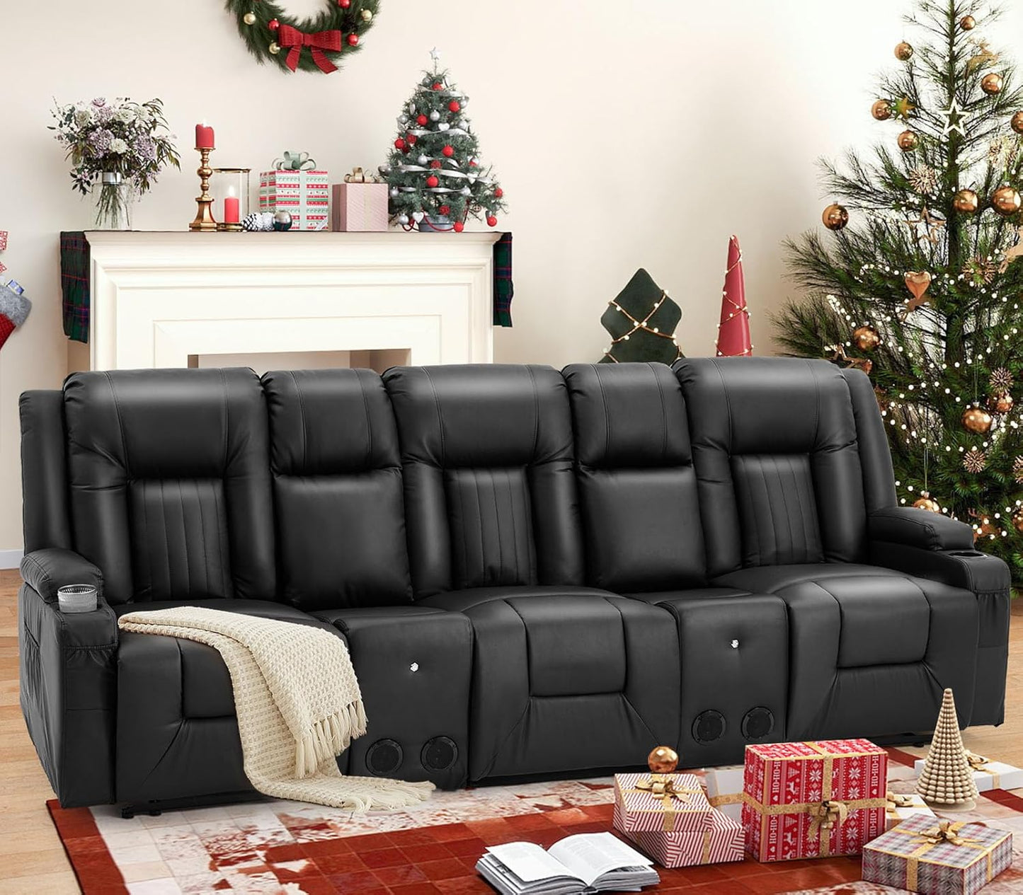 YODOLLA Faux Leather Recliner Sofa w/ 2 Consoles, Black