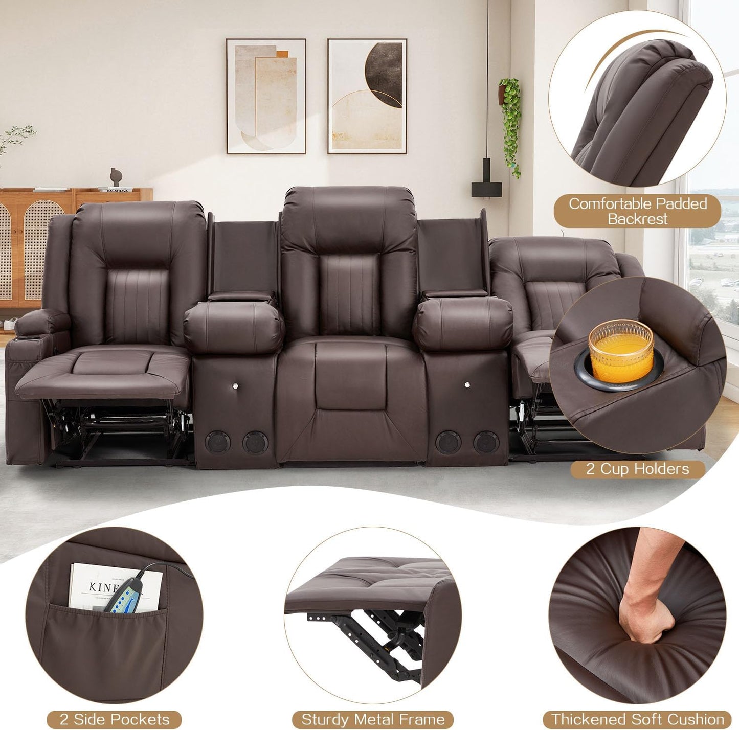 YODOLLA Brown Reclining Sofa w/ 2 Consoles & Speakers