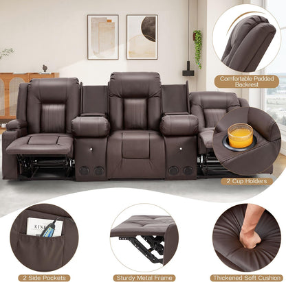 YODOLLA Brown Reclining Sofa w/ 2 Consoles & Speakers