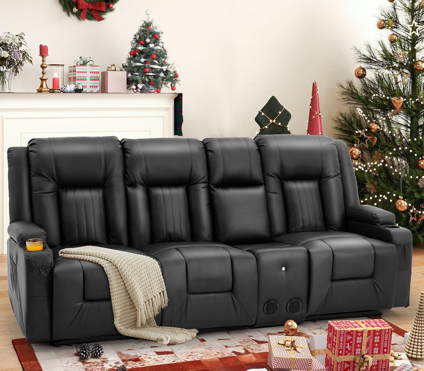 YODOLLA Black Reclining Sofa w/ Bluetooth, Black