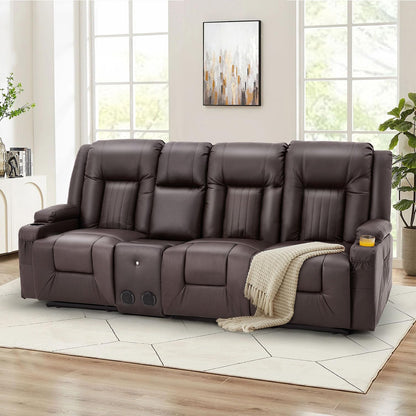 YODOLLA Faux Leather Recliner Sofa w/ Console, Brown