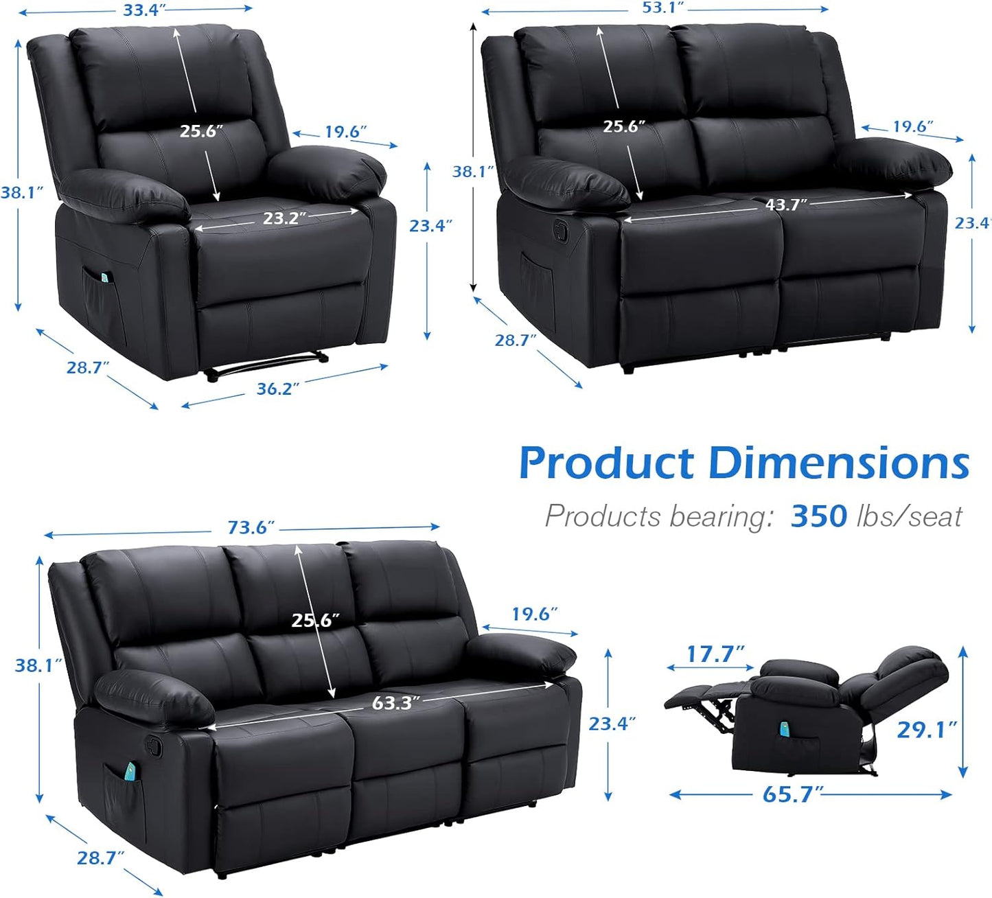 YODOLLA 3 PCS Recliner Sofa Set Overstuffed Leather Reclining Sofa, Black