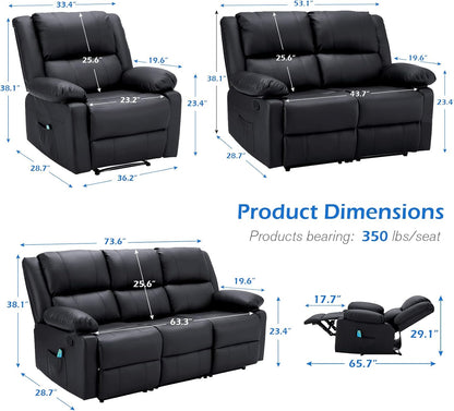 YODOLLA 3 PCS Recliner Sofa Set Overstuffed Leather Reclining Sofa, Black