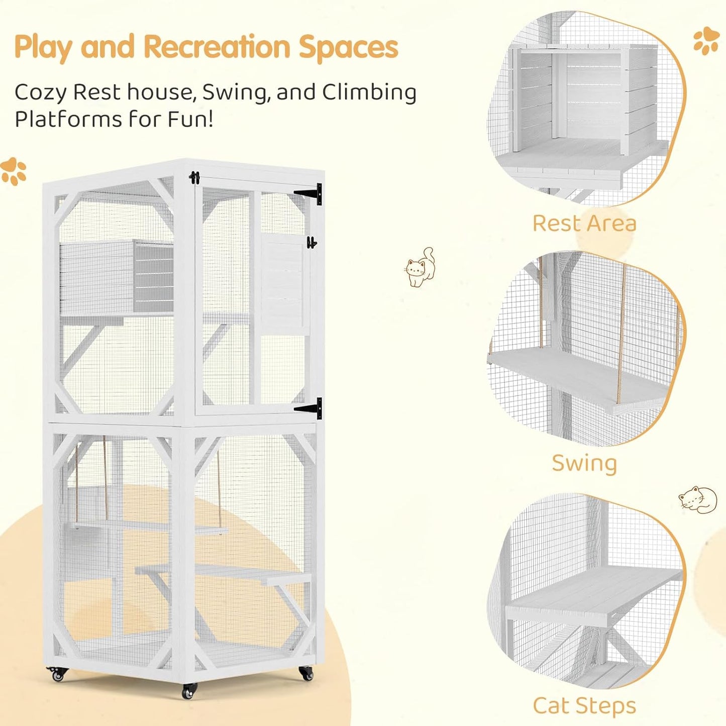 YODOLLA Outdoor Catio Enclosure with Hammock, Safe Play Space for Cats, White