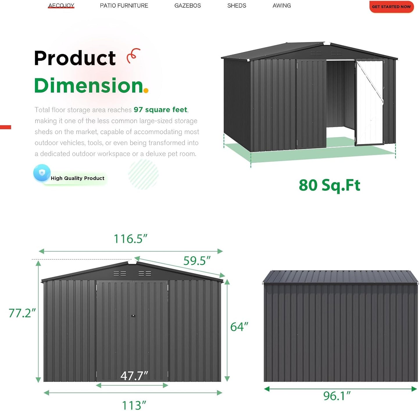 YODOLLA Shed 8' x 10' Outdoor Storage Metal Shed, Dark Grey